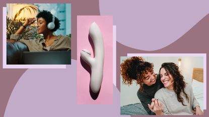 Collage of woman wearing headphones and sitting on sofa, rabbit vibrator on pink background, and female couple together holding hands to represent the sex trends 2023