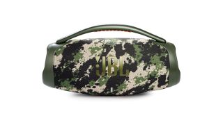 The portable JBL Boombox 3 in its green, cream and black camouflage design on a plain white background.