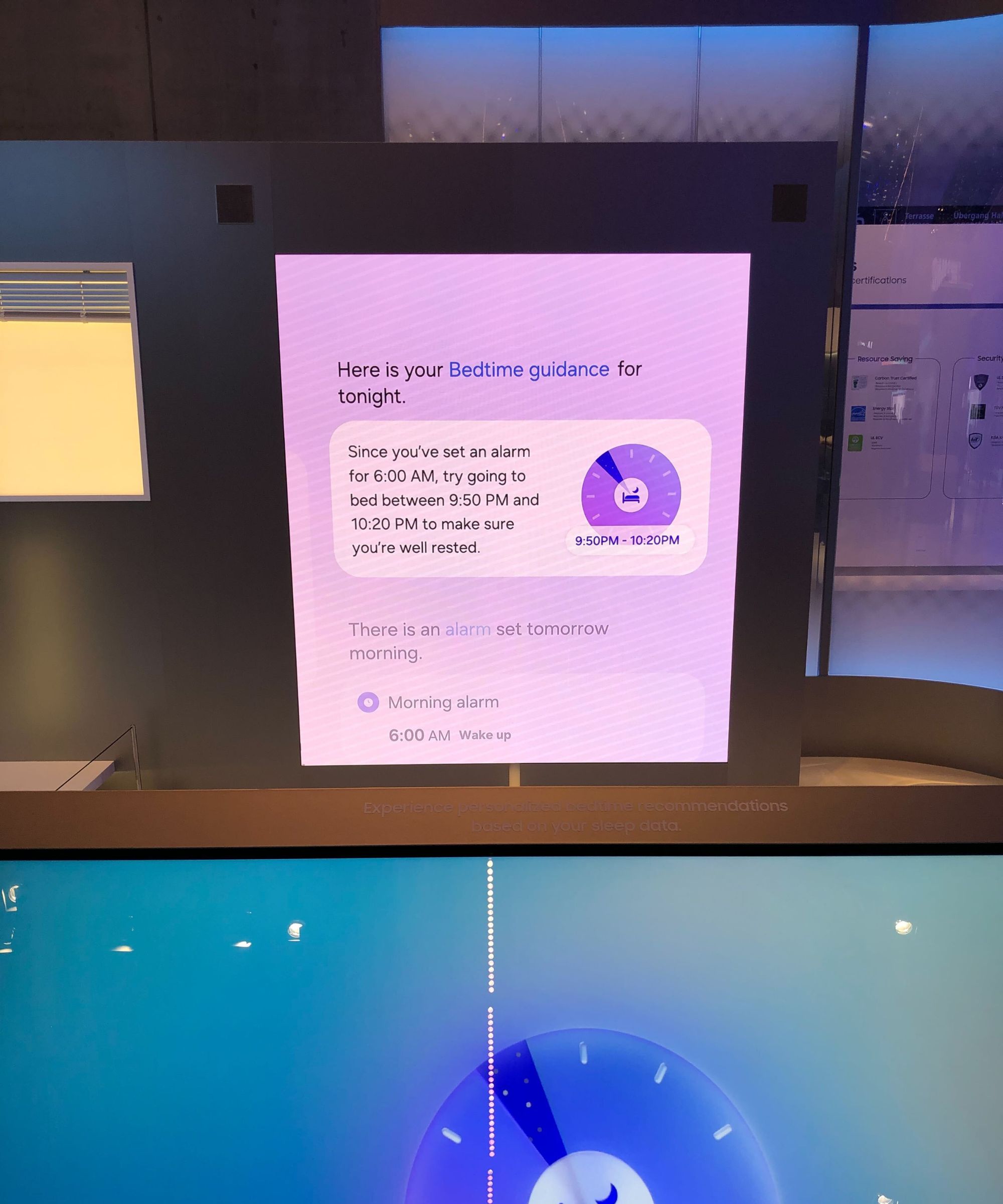 Screen showing bedtime guidance using Samsung&#039;s AI product line at IFA Berlin 2025.