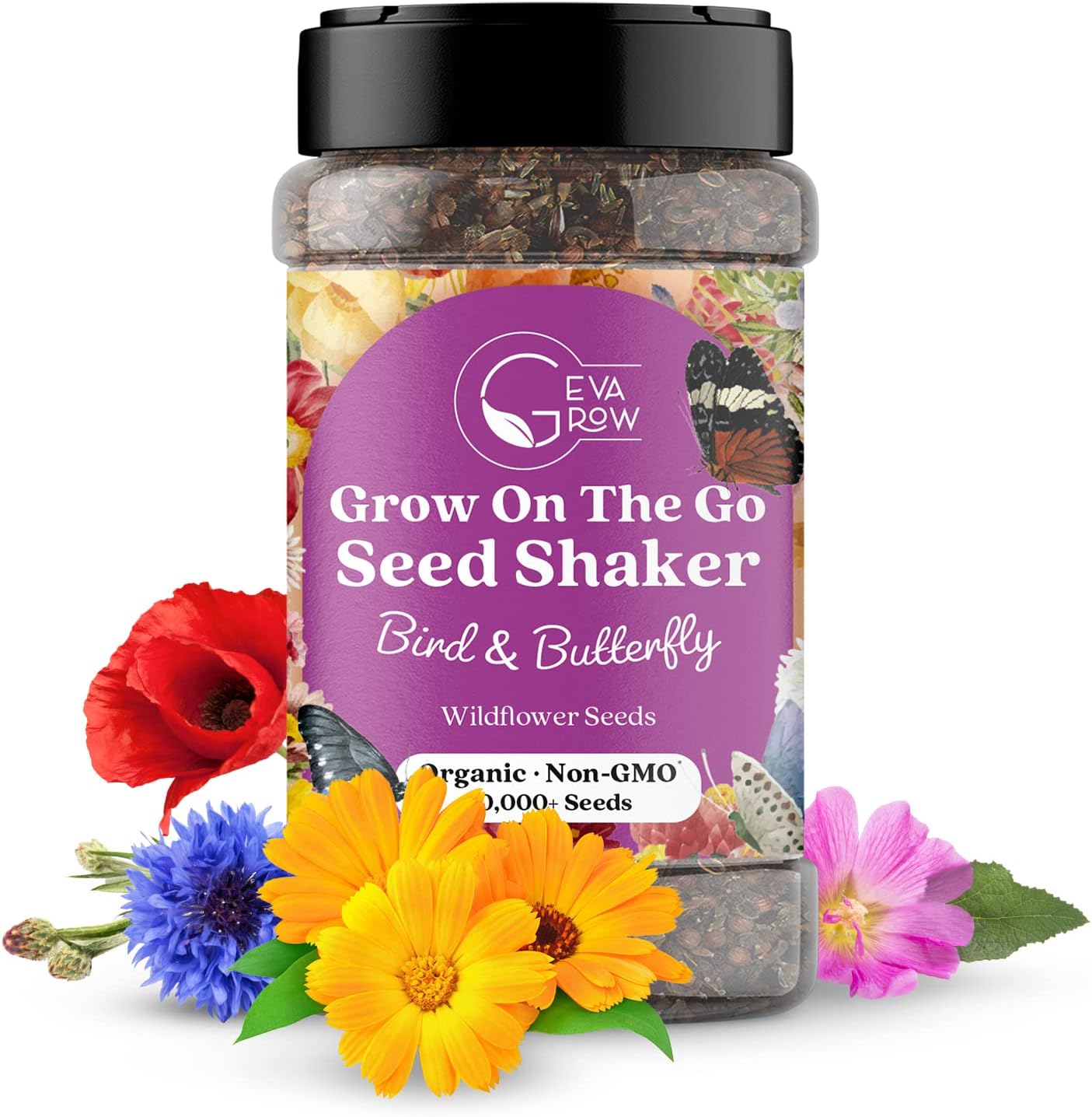 Mini Wildflower Seed Shaker - Bird &amp;amp; Butterfly Garden Seed Mix | 60,000+ Annual &amp;amp; Perennial Flower Seeds for Planting - Attracts Hummingbirds &amp;amp; Butterfly | No Messy Bags or Packets