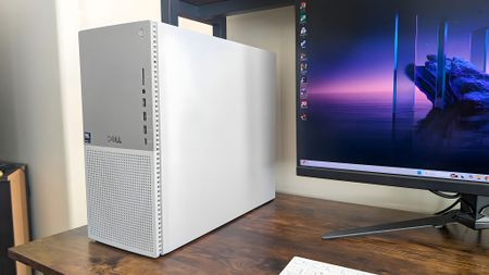 Dell Tower Plus EBT2250 on a desk and connected to a monitor. 