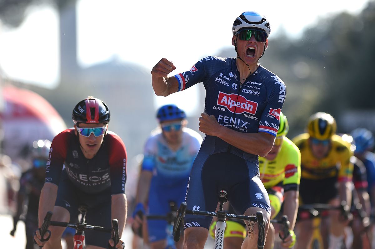 MONTECATINI TERME ITALY MARCH 25 Mathieu Van Der Poel of Netherlands and Team AlpecinFenix celebrates at finish line as stage winner ahead of Ethan Hayter of United Kingdom and Team INEOS Grenadiers and Rmy Mertz of Belgium and Team Bingoal Pauwels Sauces Wb during the 36th Settimana Internazionale Coppi e Bartali 2022 Stage 4 a 1587km stage from Montecatini to Montecatini CoppieBartali on March 25 2022 in Montecatini Terme Italy Photo by Dario BelingheriGetty Images