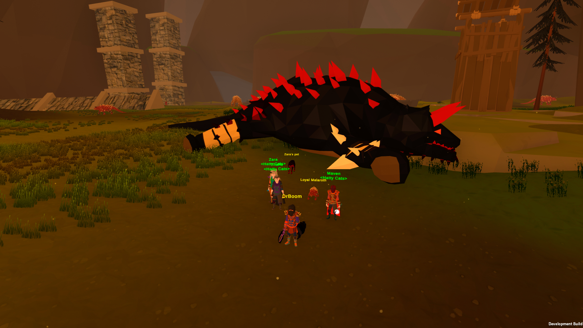 A player and their simulated party stand near a slain dragon in Erenshor.