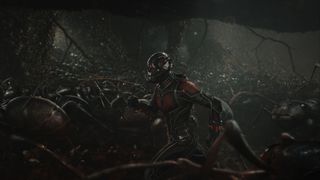 Ant-Man at small size running with Ants in Ant-Man (2015)_Marvel Studios and Walt Disney Pictures