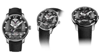Three close-up images of the Girard-Perregaux Free Bridge Meteorite on a white background