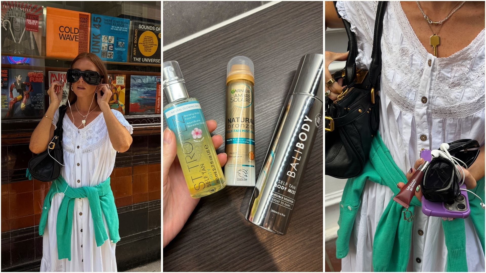 A collage of creator @rebeccaferrazwyatt wearing a white dress with glowing skin and a selection of the best tanning mists