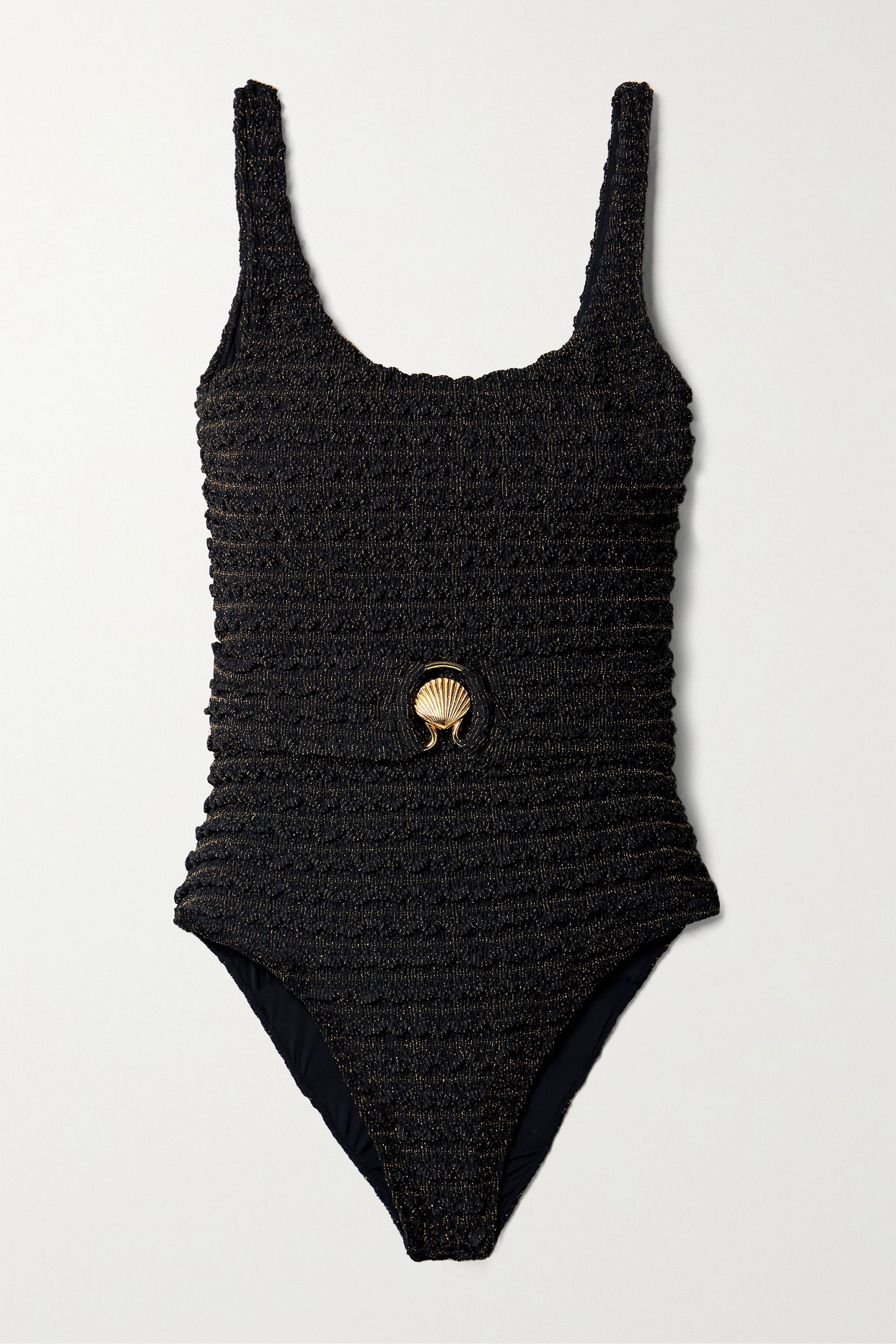 Belted Metallic Ribbed-Knit Swimsuit