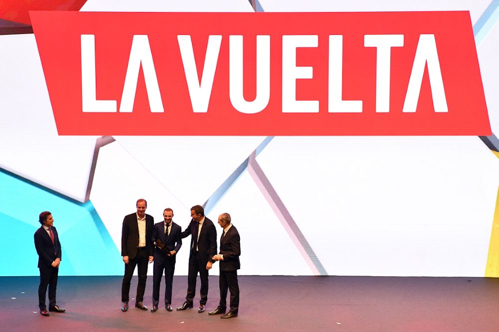 Officials speak on stage at the 2019 Vuelta a Espana route presentation