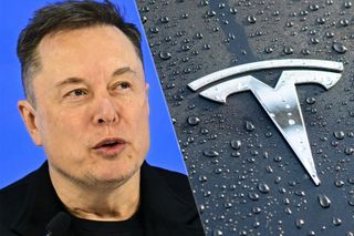 Elon Musk with Tesla logo nearby.