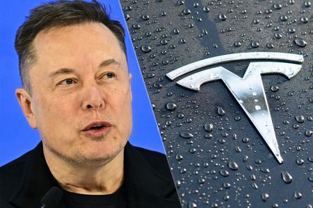 Elon Musk with Tesla logo nearby.