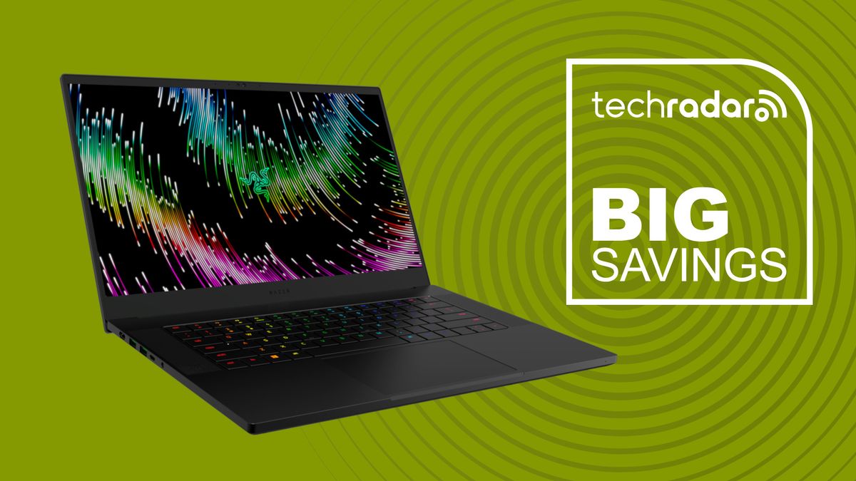 The Razer Blade 15 on a greenbackground with a TechRadar &#039;Big Saving&#039; badge.