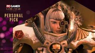 A banner declaring "PC Gamer game of the year 2025 personal pick" on top of a screenshot of Dawn of War Definitive Edition