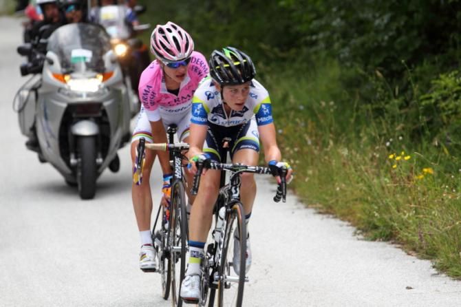 Tiffany Cromwell (Orica - AIS) leads Marianne Vos (Rabo Women), after the pair broke away together