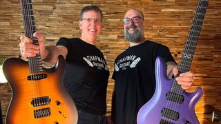 Chapman Guitars founder Rob Chapman (right) holding a purple guitar, with Musifacts founder Brian Van Zwietering (left) holding another guitar