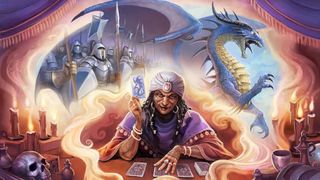 Pathfinder Core Rulebook (second edition) illustration of a tarot reader with soldiers and a dragon in the background