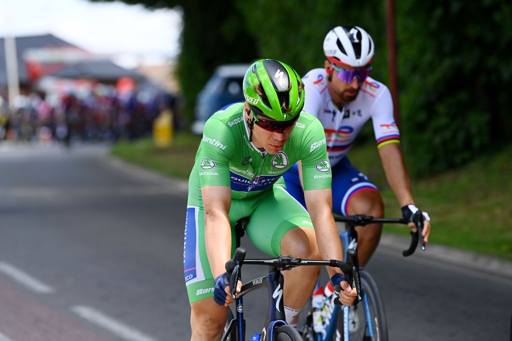 CALAIS FRANCE JULY 05 Fabio Jakobsen of Netherlands and QuickStep Alpha Vinyl Team Green Points Jersey competes during the 109th Tour de France 2022 Stage 4 a 1715km stage from Dunkerque to Calais TDF2022 WorldTour on July 05 2022 in Calais France Photo by Tim de WaeleGetty Images