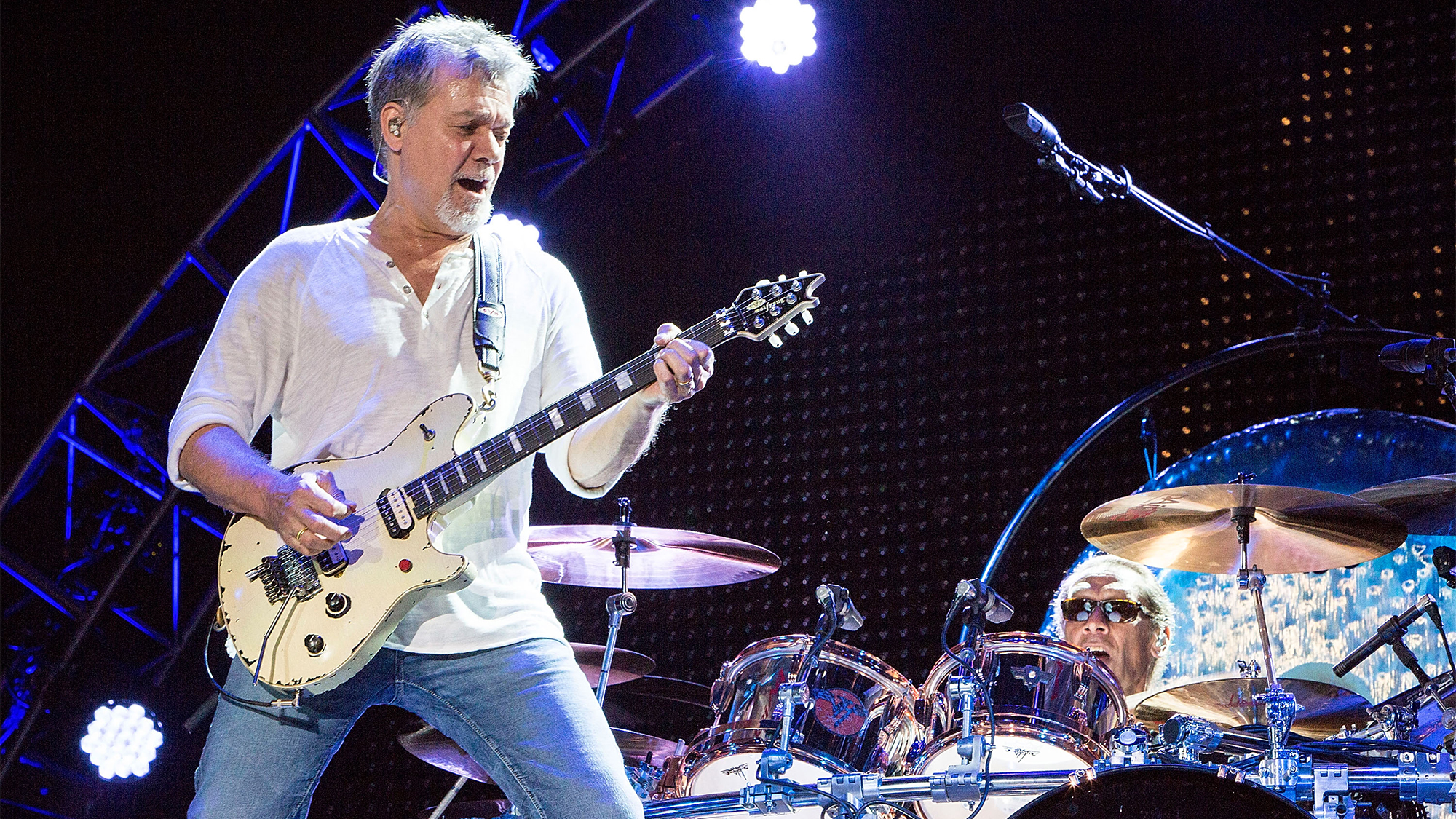 Eddie Van Halen (L) and Alex Van Halen of Van Halen perform on stage at Sleep Train Amphitheatre on September 30, 2015 in Chula Vista, California.