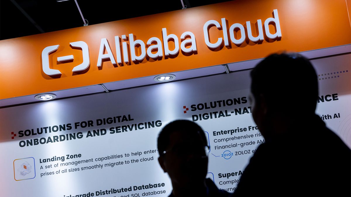 Alibaba Cloud logo and branding displayed on a vendor booth at the Hong Kong FinTech Week in Hong Kong, China, on Thursday, Nov. 2, 2023