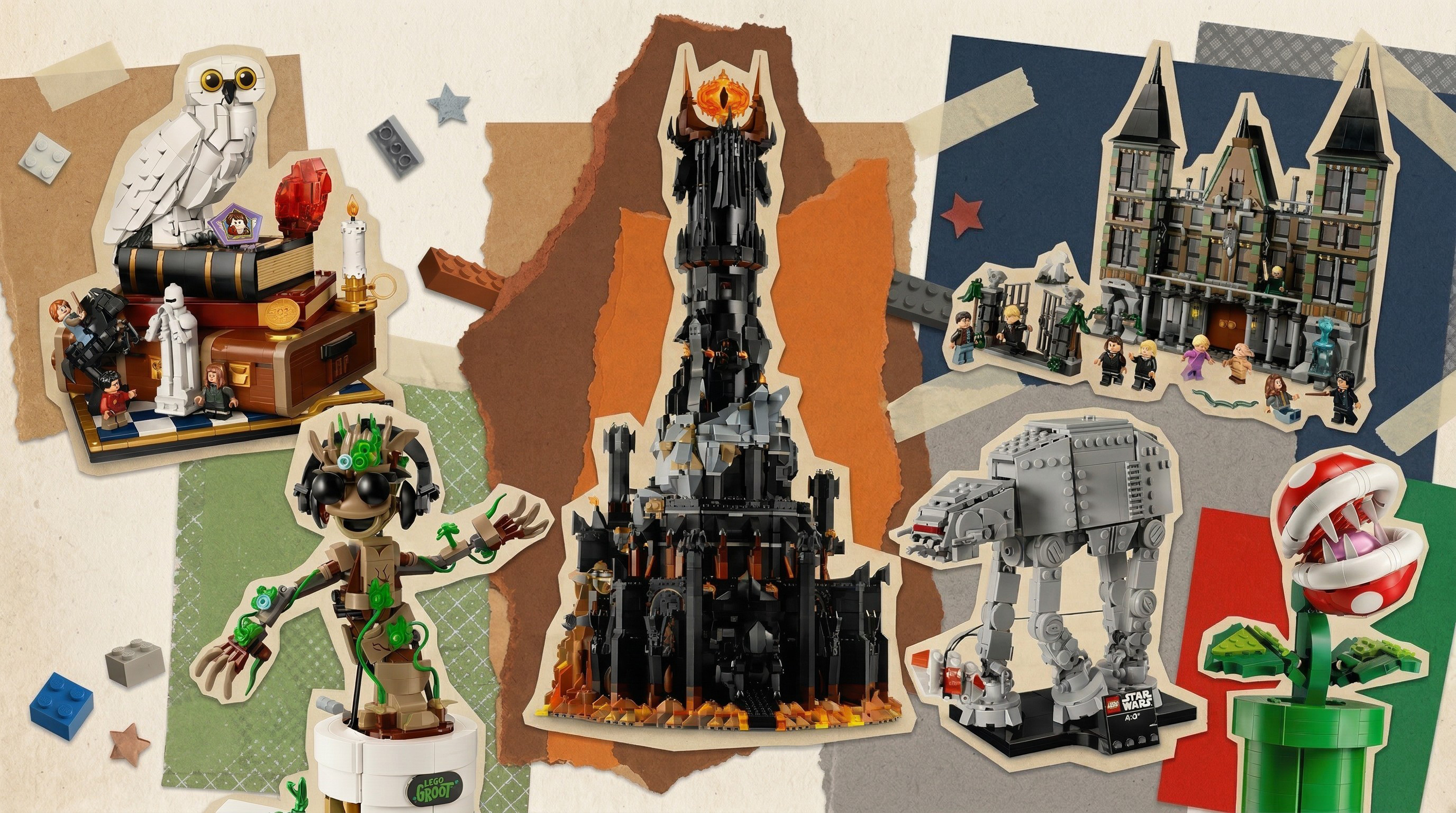 Lego sets against a collage background