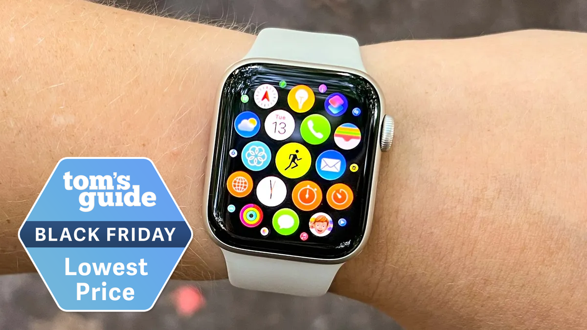 Apple Watch SE on a wrist with deal badge