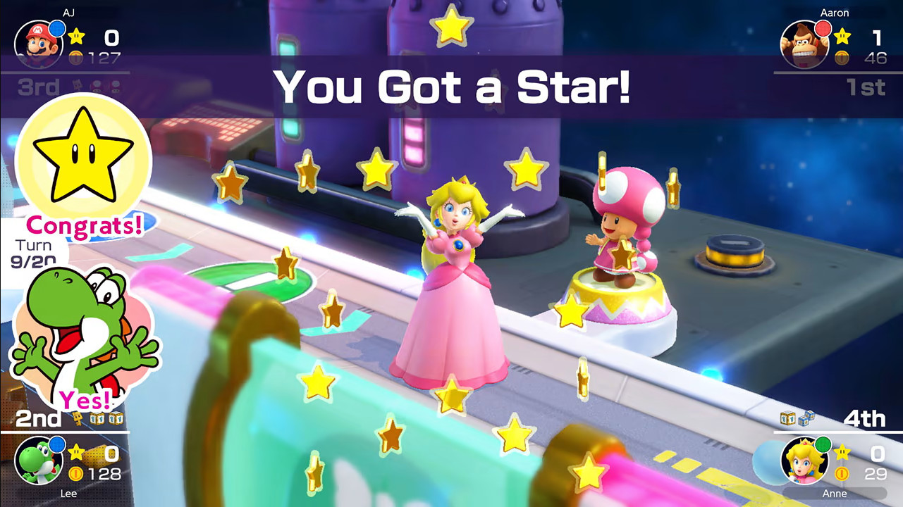 A screenshot of Mario Party Superstars, featuring a player as Peach gaining a star on the Space Land board