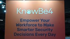 KnowBe4 logo and branding pictured at the company's exhibitor stall at the Tech Show at ExCel London on March 12, 2025 in London, England.