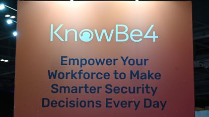 KnowBe4 logo and branding pictured at the company's exhibitor stall at the Tech Show at ExCel London on March 12, 2025 in London, England.