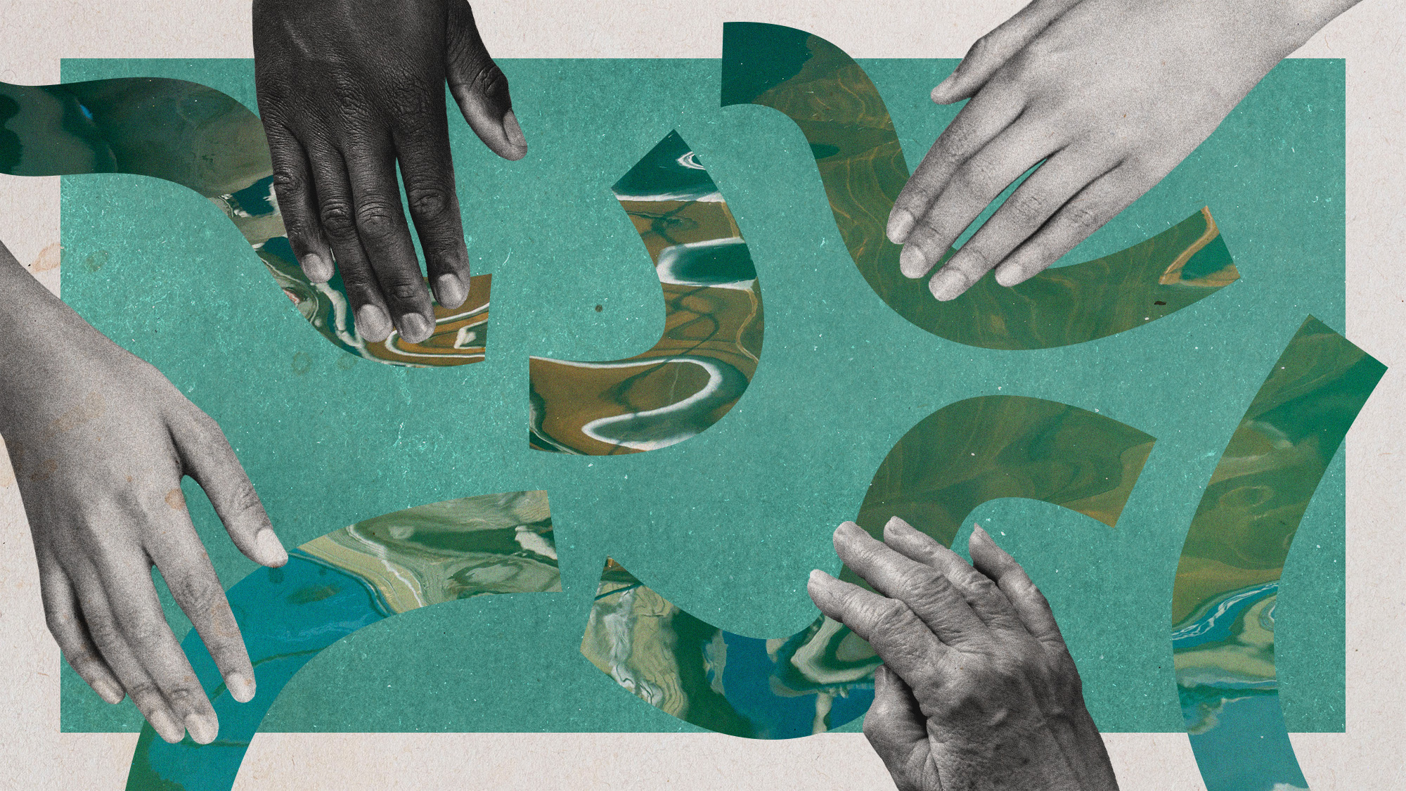 Photo collage of hands assembling a puzzle of cut out bits of paper that look like a river fragments
