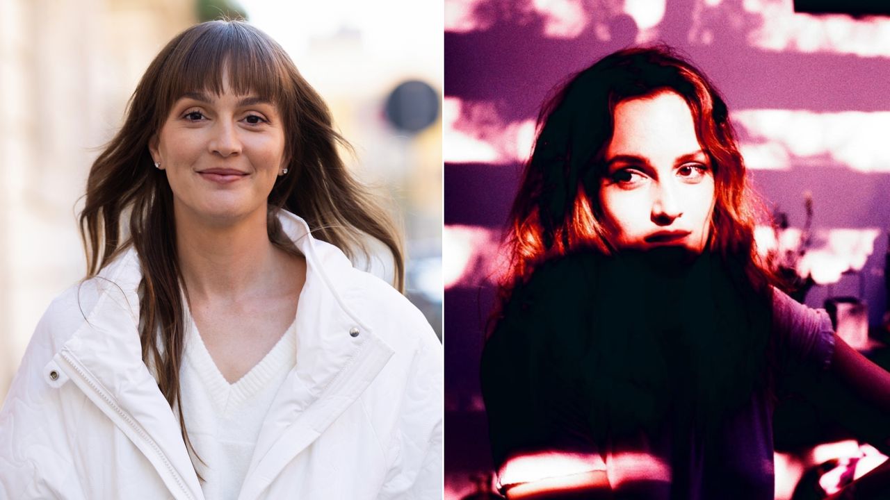 Leighton Meester has long brown hair and bangs while wearing a white V-neck T-shirt and a white jacket, and she poses on the cover of 2014 album Heartstrings