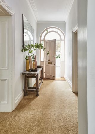 Hallway with yellow-tones carpet