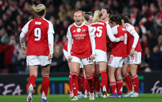 Chloe Kelly of Arsenal celebrates scoring her team's second goal during the UEFA Women's Champions League 2025/26 Quarter-finals First Leg match between Arsenal and Chelsea at Arsenal Stadium on March 24, 2026 in London, England. 