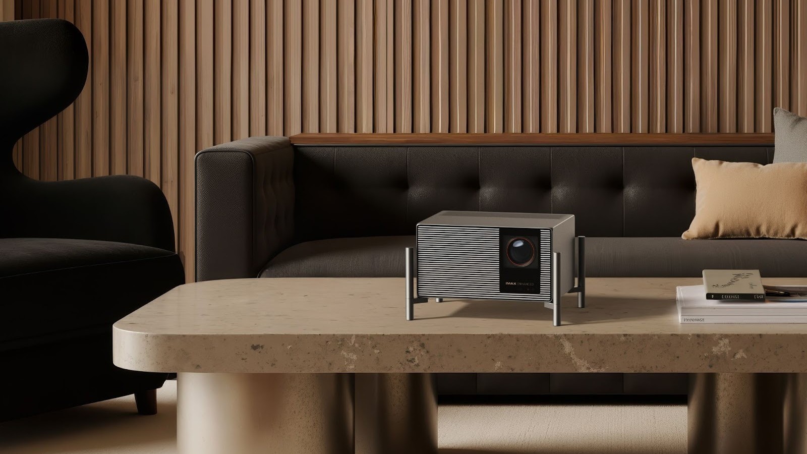 The Xgimi Titan Noir Max sits on a brown table.