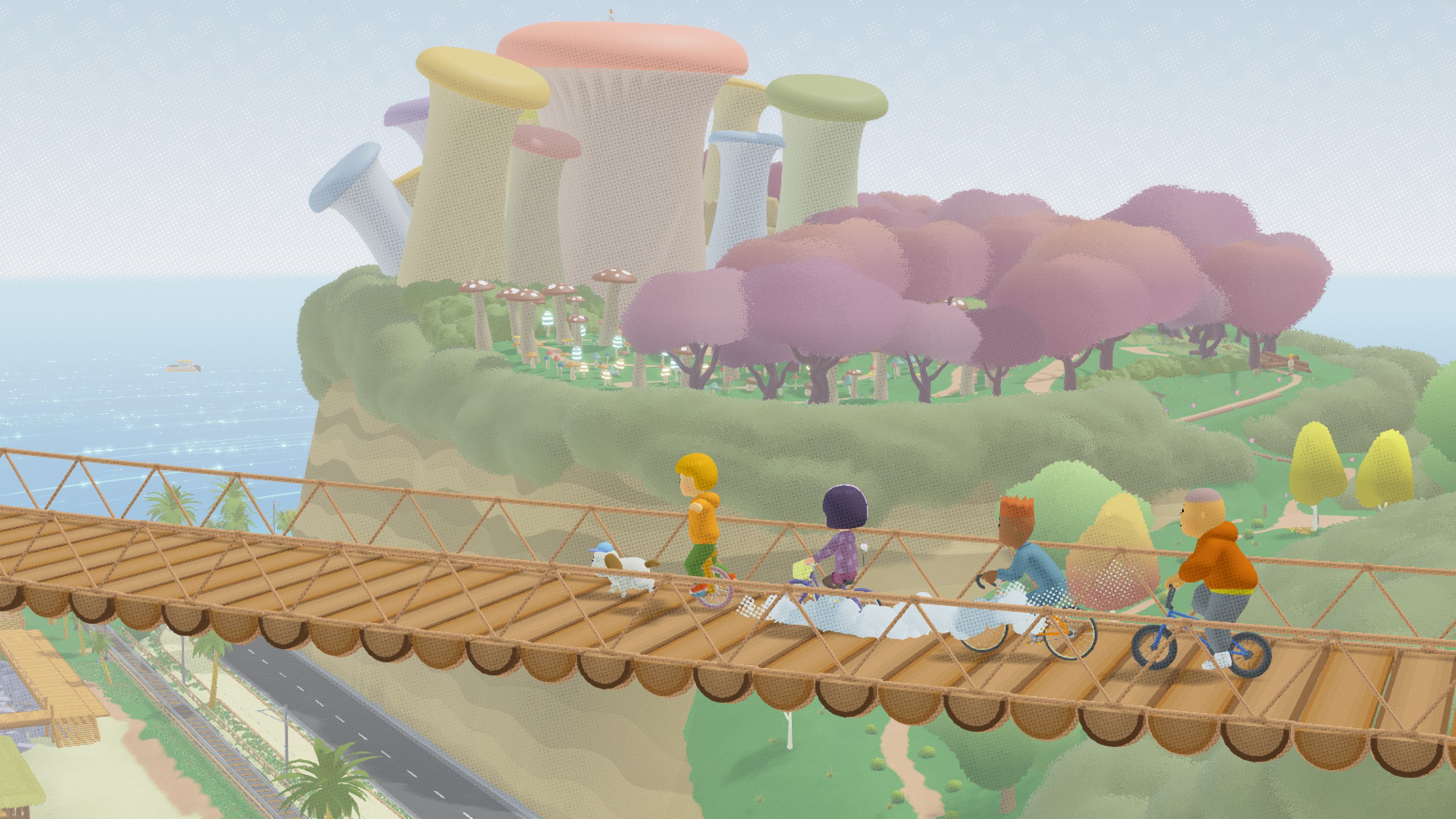 Four children and a dog crossing over a rope bridge in front of a mushroom forest in To a T