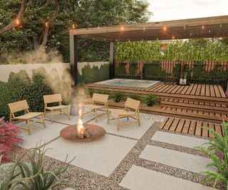 patio with a hot tub under a wooden pergola