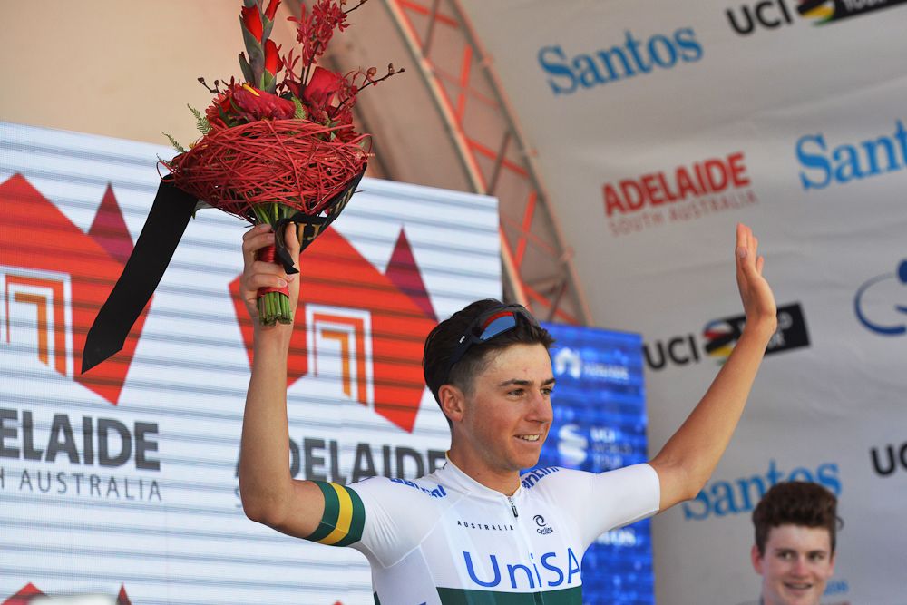 Scott Bowden collects his prize for most aggressive rider after his third consecutive day in the breakaway at the Tour Down Under