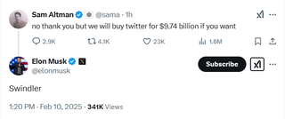 Sam Altman responding to Elon Musk's bid to buy OpenAI on Twitter