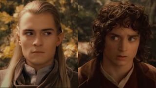 Side by side of Orlando Bloom and Elijah Wood both side eyeing the other during the council meeting in LOTR.