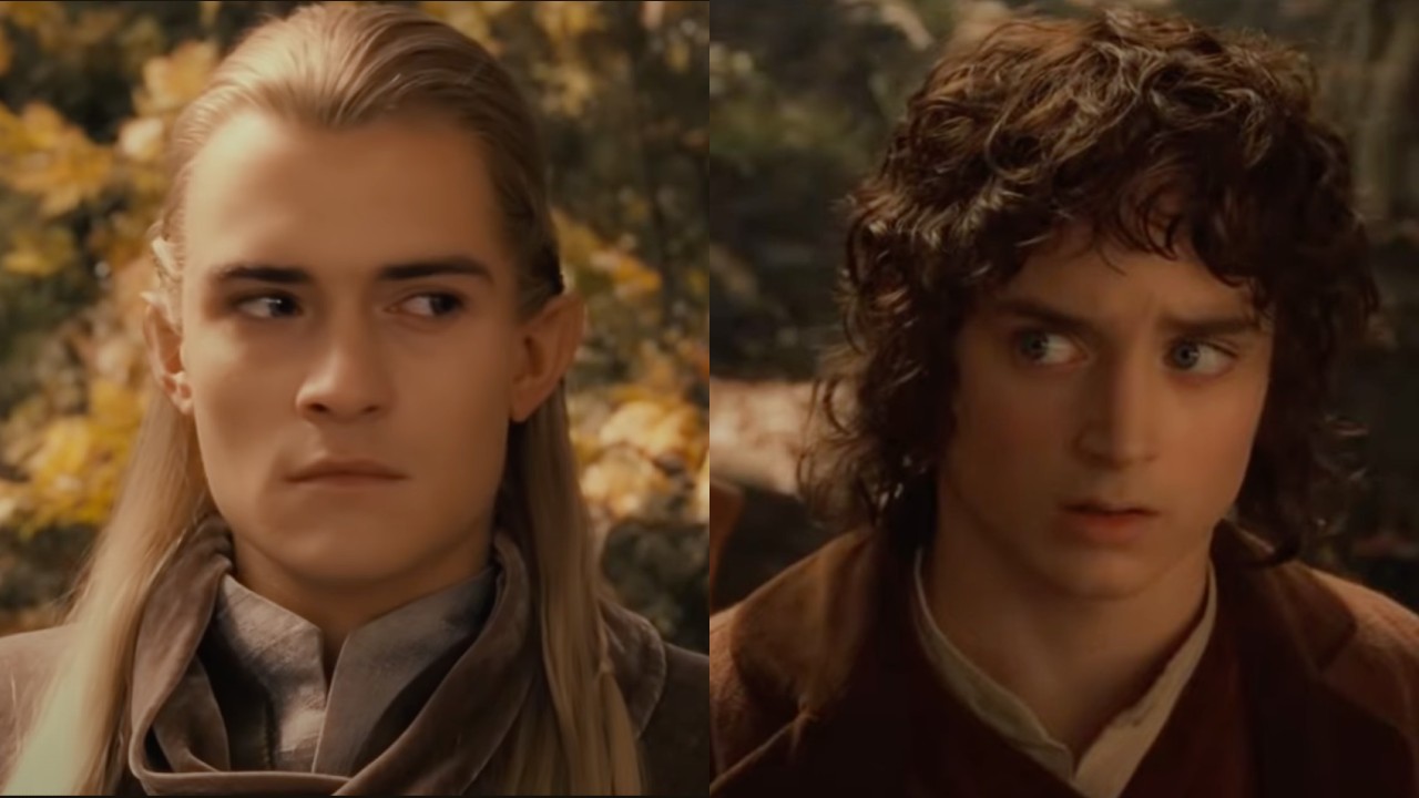 Side by side of Orlando Bloom and Elijah Wood both side eyeing the other during the council meeting in LOTR. 