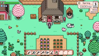 Fields of Mistria - A player stands outside their stone farmhouse looking at a small patch of radishes inside a fence while a cow and chickens wander nearby.