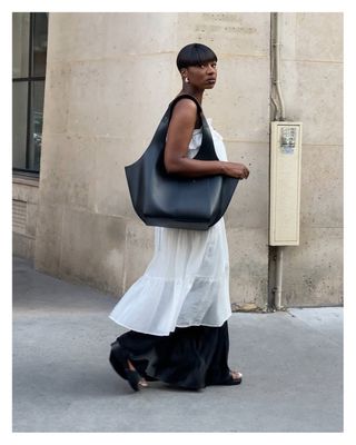 Large tote on Grace with white dress