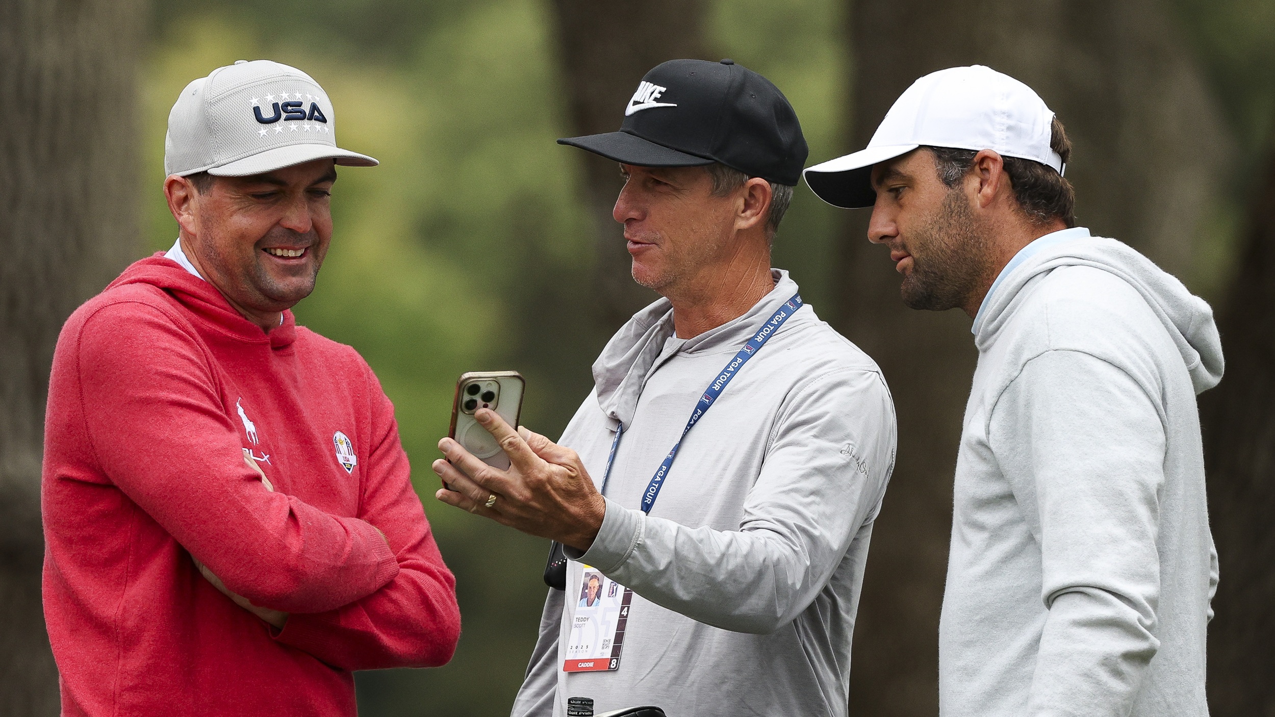 Keegan Bradley talks with Scottie Scheffler at the Procore Championship