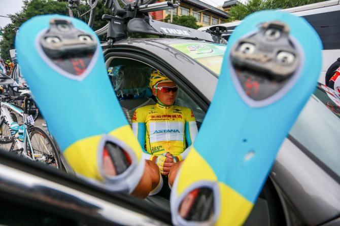 Race leader Ilya Davidenok puts his feet up