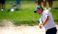 Nicolai Hojgaard hits a bunker shot
