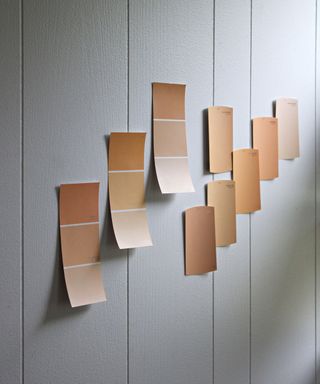 Paint chips on a white shiplap wall
