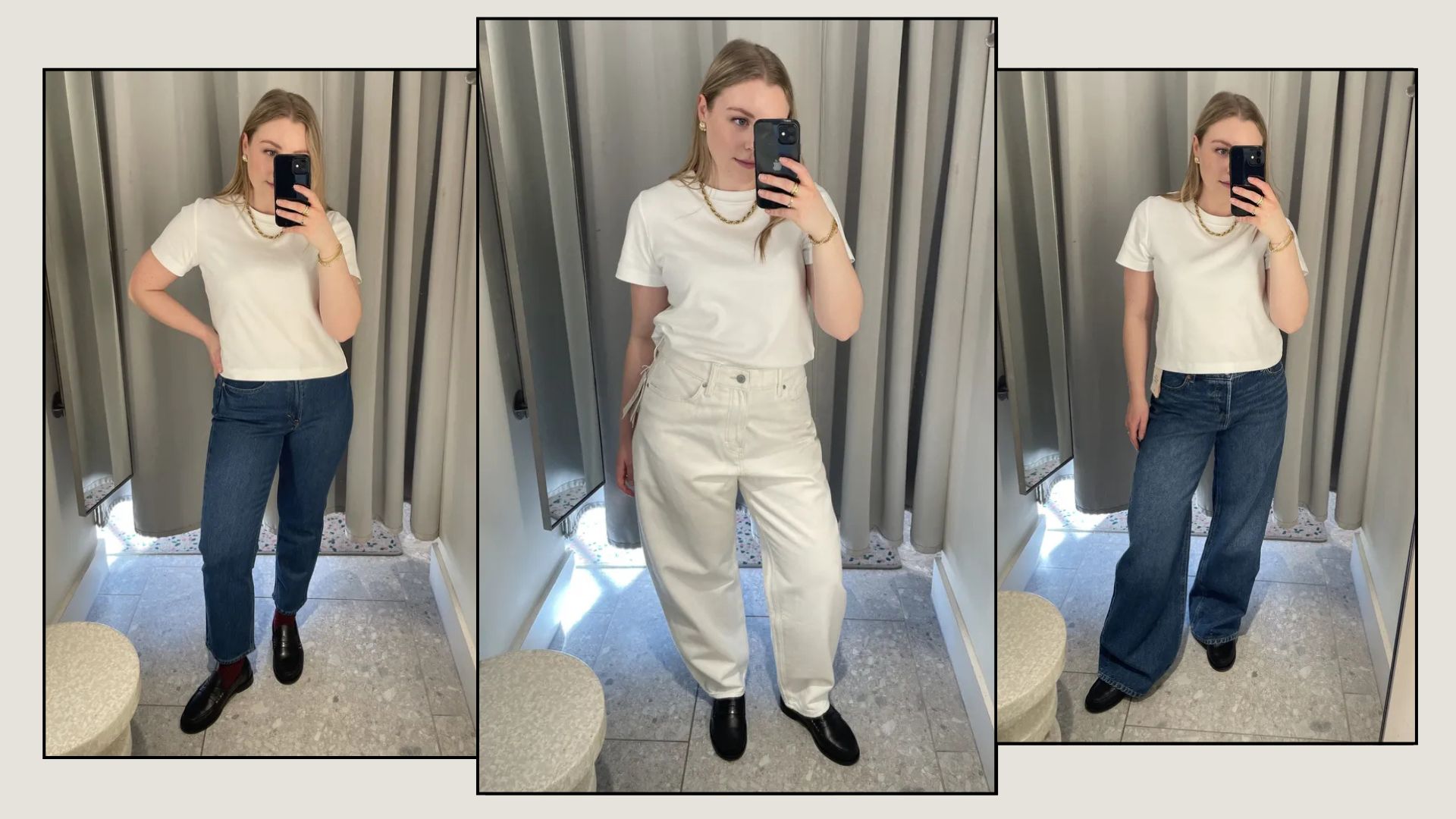 Florrie wears H&amp;M straight leg jeans, white barrel leg jeans and wide leg jeans