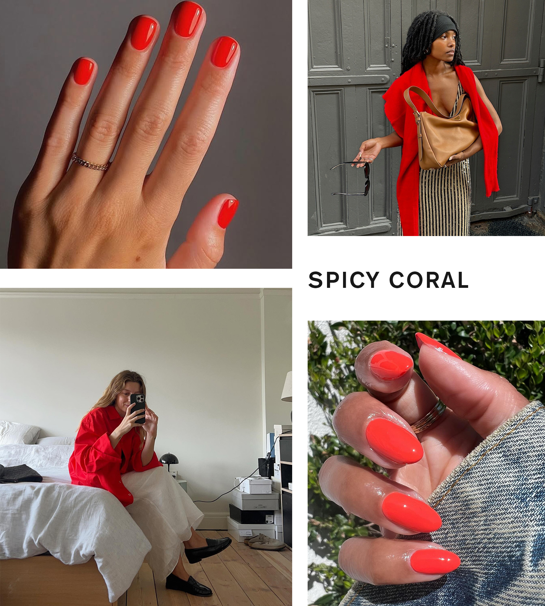 Collage of the spicy coral summer nail trend
