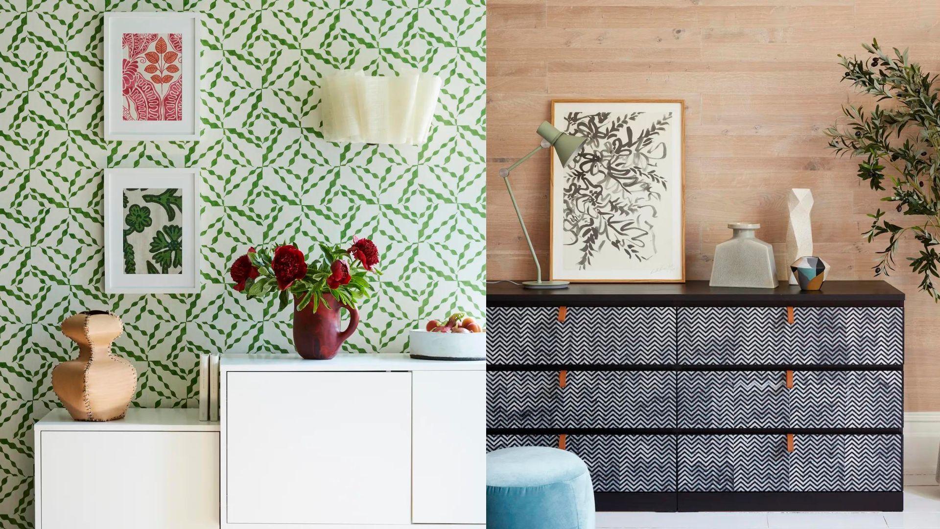 two images of artwork above a console table