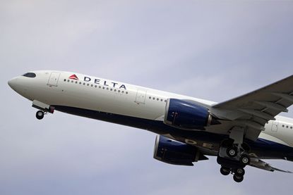 Delta airplane flying through sky