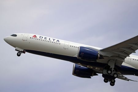 Delta airplane flying through sky