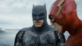 Ben Affleck's Batman standing next to Ezra Miller's Flash